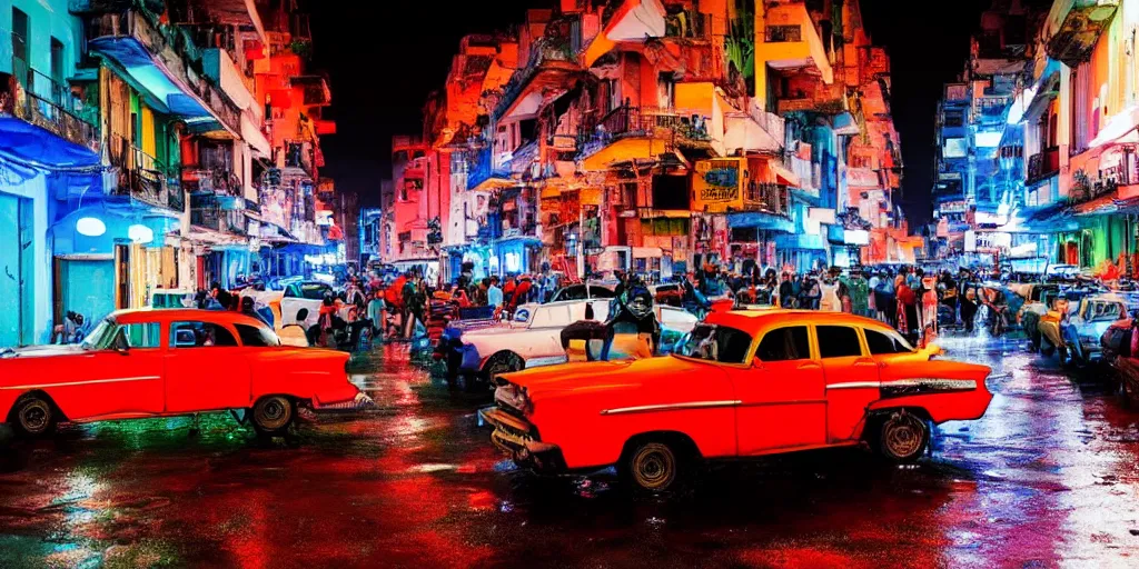 Prompt: Cyberpunk Cuba street, crowd, classic cars, night, neon, rainy