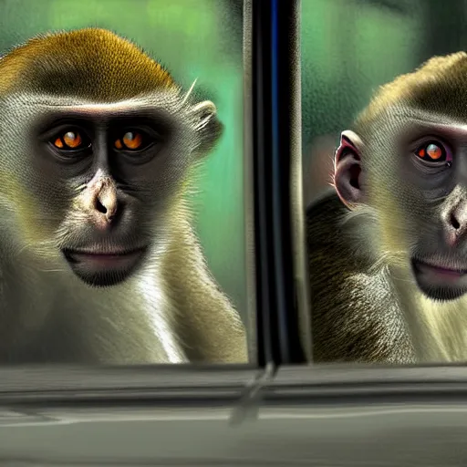 Image similar to two macaques looking at each other inside car bmw e 4 6, digital art, soft shadows, creepy art, sun flare