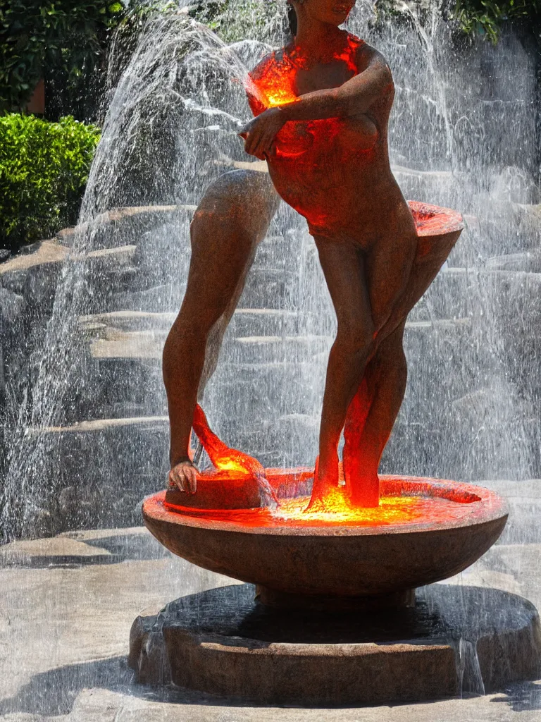 Prompt: fountain with a woman with a bowl from where lava pours out instead of water, photorealistic, high detailed, sharp focus, lava fountain