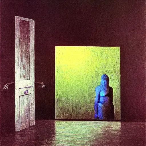 Image similar to A reinforcement learning agent recognizes itself in the mirror- contest-winning artwork by Salvador Dali, Beksiński, Van Gogh and Monet. Stunning lighting