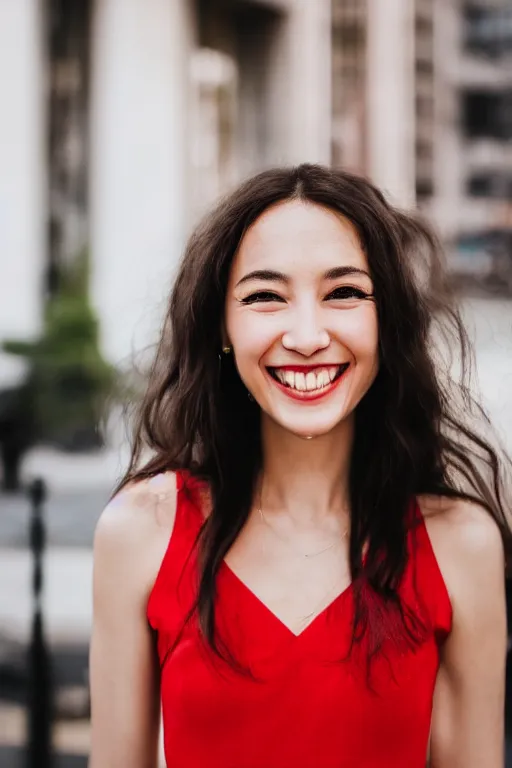 Image similar to blurry close up photo portrait of a smiling pretty woman in a red sleeveless dress, out of focus, street scene