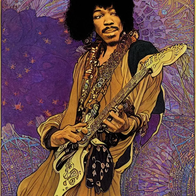 Prompt: artwork by Franklin Booth and Edmund Dulac showing a portrait of Jimi Hendrix as a futuristic space shaman, Alphonse Mucha background, futuristic electric guitar, star map, smoke, platonic solids