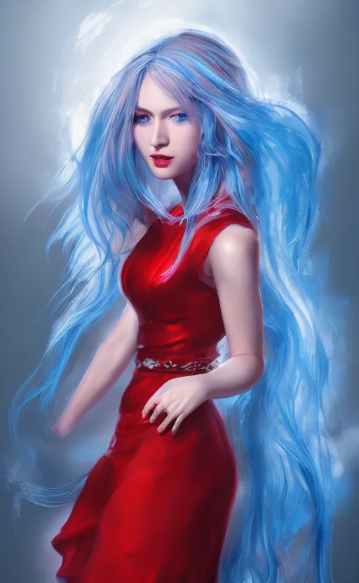 Image similar to the prettiest woman with silver blue hair, in a red and white dress portrait, dynamic lighting, fantasy concept art, trending on art station, stunning visuals, creative, cinematic, ultra detailed, ray tracing, sun rays, hyper realistic