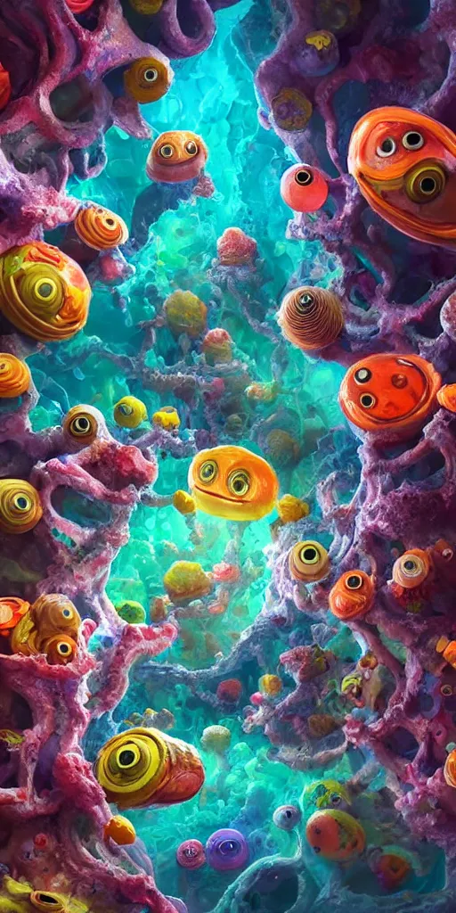 Image similar to of a colorful deep sea cave with strange cute friendly happy creatures with huge eyes, mouth, long tongue and round teeth appearing from sandy coral, in the style of gehry and gaudi, macro lens, shallow depth of field, ultra detailed, digital painting, trending artstation, concept art, illustration, cinematic lighting, photorealism, epic, octane render