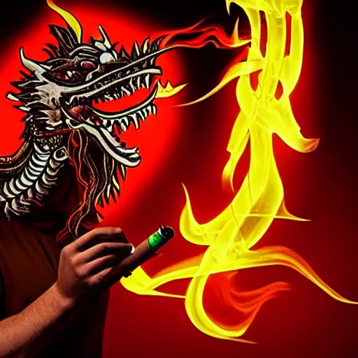 Prompt: A mafia man with a tobacco in his left hand, behind him is a Chinese dragon emanating a red aura of danger.