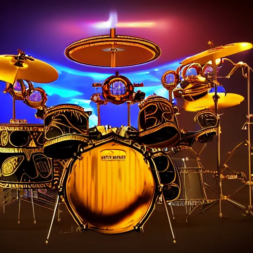 Image similar to photo of huge robotic drumset on a concert tage, the drumset is futuristic steampunk style with gears and tubes, 8 k, fluorescent colors, halluzinogenic, multicolored, exaggerated detailed, unreal engine - w 7 6 8