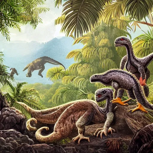 Prompt: peaceful prehistoric jungle landscape with a velociraptor and its chicks in the foreground, award winning art, relaxed, happy atmosphere