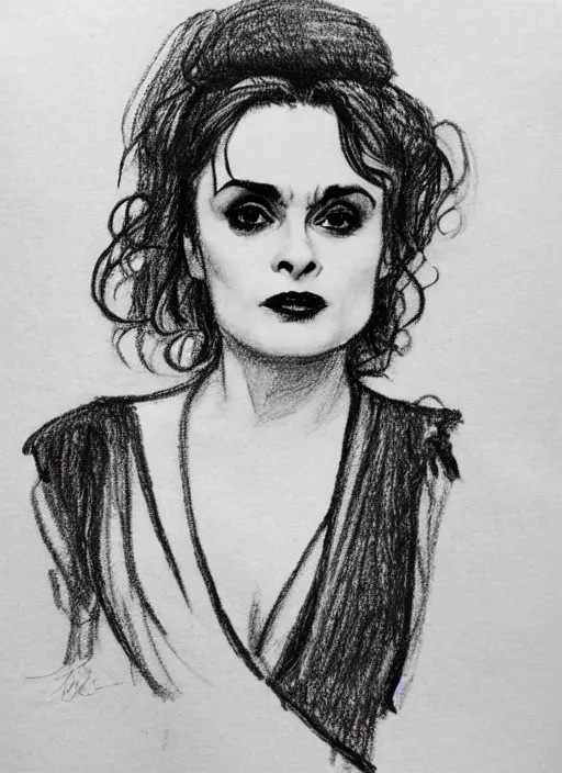 Prompt: sketch portrait of helena bonham carter in tim burten style on napkin