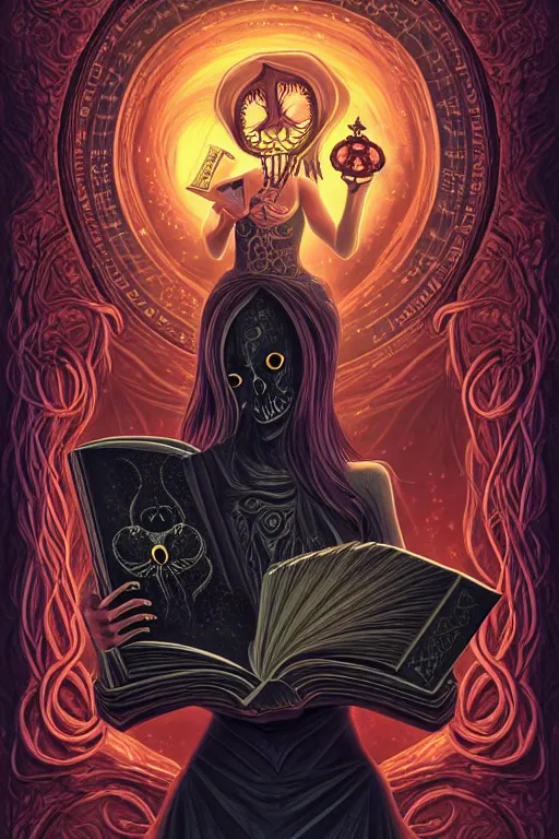 Image similar to ai illustration of romantic girl, her cat and her book of necronomicon, symmetrical, cinematic, sharp focus, 4 k, ultra hd, sense of awe, sinister demonic atmosphere, dreadful, forbidden knowledge, old gods, cthulhu, yog - sothoth! yah, yah, yah! cultist journal cover