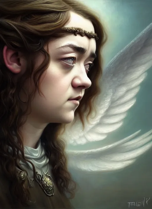 Image similar to maisie williams as an angel, aesthetic, fine art, intricate, elegant, highly detailed, realistic hair, centered, digital painting, art station, conceptual art, soft, sharp focus, illustration, artwork, artgerm, tomasz alen kopera, peter mohrbacher, donato giancola