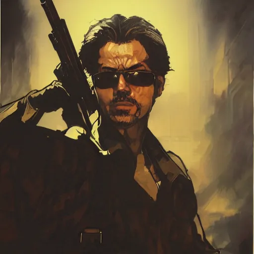 Prompt: portrait of a hero holding his weapon in front of his face by yoji shinkawa, high quality, extra details, realism, ornate, colored, golden chain, blood, white skin, short hair, brown eyes, vivid, sunlight, dynamic, american man, freedom, white american soldier, painting