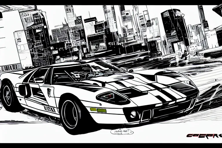 Prompt: ford gt 9 0 ( 1 9 9 5 ) concept car, a page from cyberpunk 2 0 2 0, style of paolo parente, style of mike jackson, adam smasher, johnny silverhand, 1 9 9 0 s comic book style, white background, ink drawing, black and white