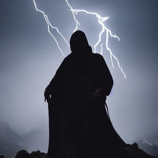 Image similar to dark figure with tattered cloak with skull instead of head on a mountain in gloomy fog, atmospheric lightning