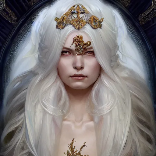 Image similar to god and goddess, white hair, long hair, gorgeous, amazing, elegant, intricate, highly detailed, digital painting, artstation, concept art, sharp focus, illustration, art by artgerm and greg rutkowski and alphonse mucha