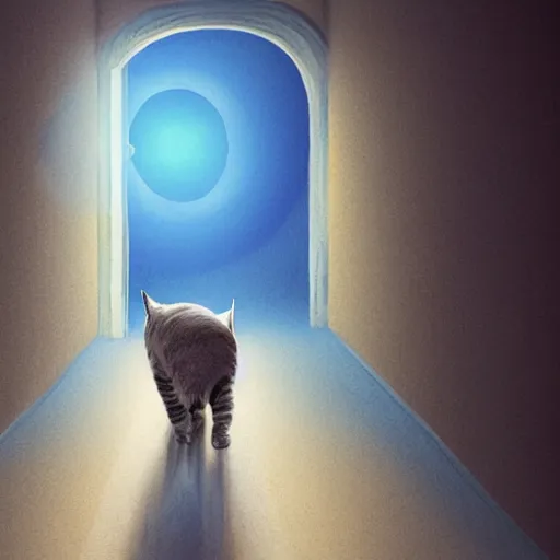 Image similar to a cat that is walking down a hallway, egyptian art by hanns katz, pixabay contest winner, magical realism, anamorphic lens flare, storybook illustration, matte painting