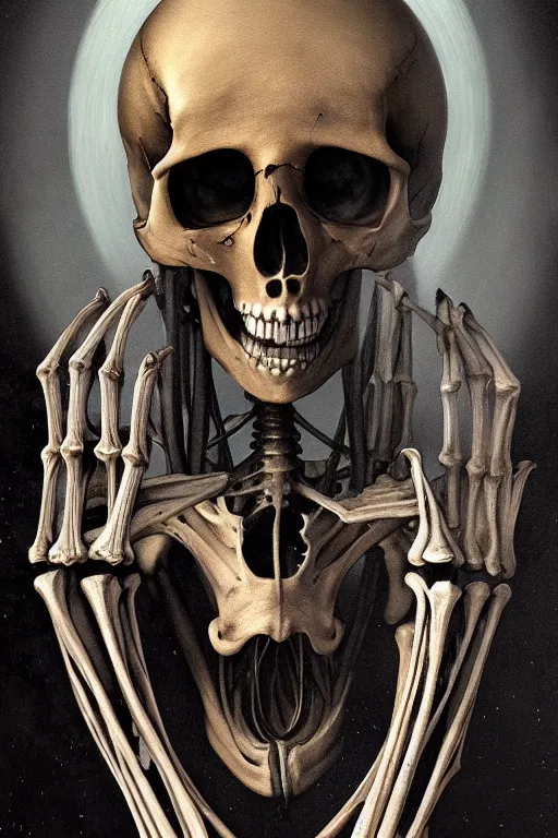 Image similar to an extremely high quality hd a painting of a skeleton with a halo around it's head, poster art by hans ruedi giger, behance contest winner, vanitas, apocalypse art, cosmic horror, darksynth, 8 k, ultra realistic, very realistic