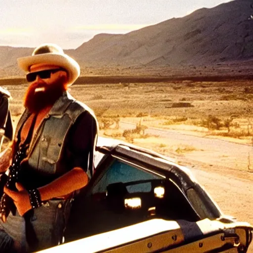 Image similar to ZZ Top sitting in back of a pickup truck bed in Mad Max Road Warrior, interior, screenshot, cinematic Eastman 5384 film