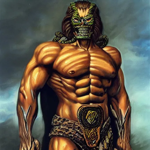 Prompt: serpent - man warlord wearing bronze age clothing, bodybuilder snake, anatomical, horrific background symmetrical, zoom out, high quality, high definition, 8 k, photograph photorealistic by frank frazetta