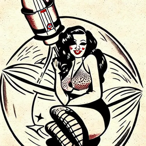 Image similar to old school, traditional style tattoo sketch of beautiful redhead pinup girl, full body portrait in space sitting on a rocket drawn by sailor jerry, vic james, electric martina, heath clifford, kimi vera
