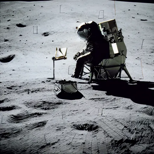 Image similar to professional photo of an astronaut sitting in a beach chair on the moon, holds on to an iphone, smartphones and laptops scattered around the ground, golden ratio, earth rise, technology on the moon