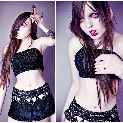 Image similar to teen goth girl in mini skirt and crop top, intricate, extremely detailed, modeling photography, teen