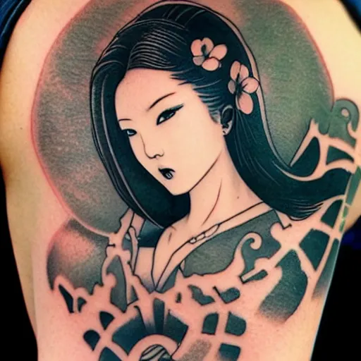 Image similar to tattoo design, stencil, traditional Japanese, beautiful portrait of a girl by artgerm, artgerm