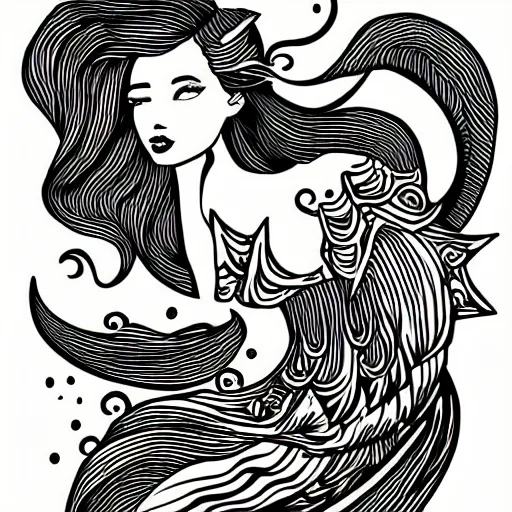 Image similar to black and white illustration, creative bold design, mermaid