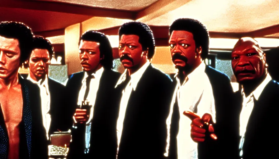 Image similar to jules from pulp fiction, christopher walken, gary oldman and ving rhames. in line at big kahuna burger.