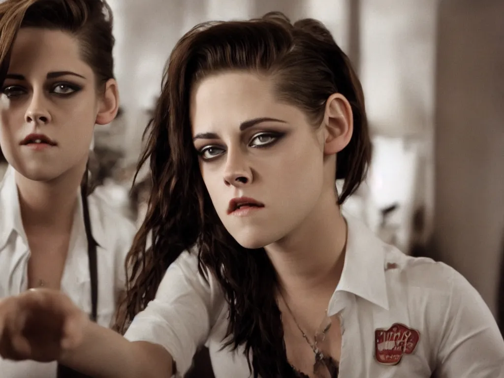 Prompt: kristen stewart as a young elvis presley, movie still, lens distortion, cinematic widescreen, short dof