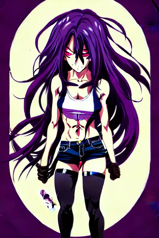 Image similar to style of madhouse studio anime, black lagoon manga, loish, artgerm, rafael albuquerque comic art, portrait of revy from black lagoon, symmetrical eyes and symmetrical face, jean shorts, white tank top, sarcastic evil smirk on face, purple hair