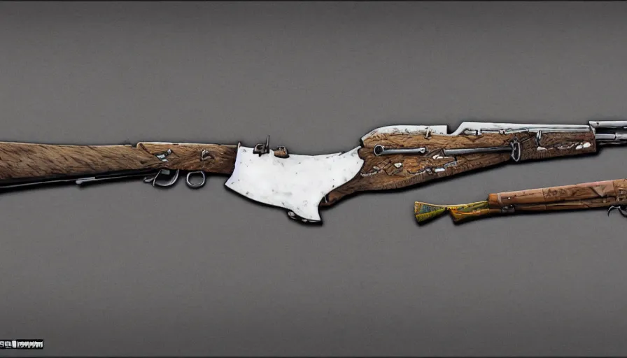 Prompt: Digital drawing of a muzzleloaded flintlock AK47 from the site grabAgun, gunbroker, white background, firearms, professional gunsmithing, top down drawing, gun auction, 4k. high quality, concept art, art by Jean Giraud and Shirow Masamune, reference, postapocalyptic
