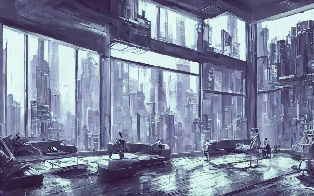 Image similar to cyberpunk loft lounge with tall windows, no people, city in background, drawn by feng zhu