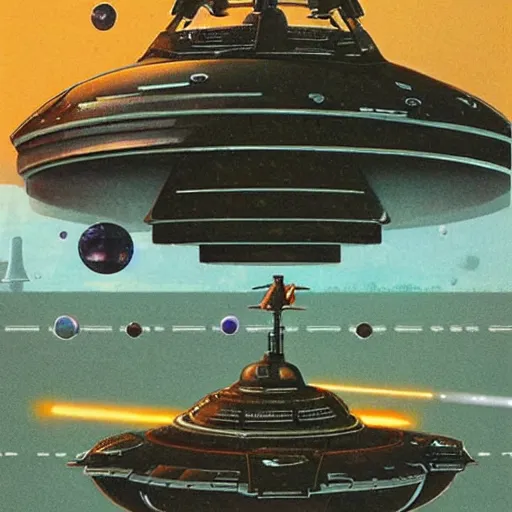 Prompt: An alien spacecraft with bubble canopy, multiple weapons, shooting space lasers at the enemy, highly detailed, 70's book cover style, designed by Chris Foss.