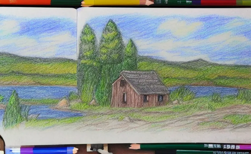 Image similar to a color pencil sketch of a serene landscape with a singular building near a river, cute, natural lighting, high quality, highly detailed, drawing, realistic, godrays, complementary colors, beautiful, concept art