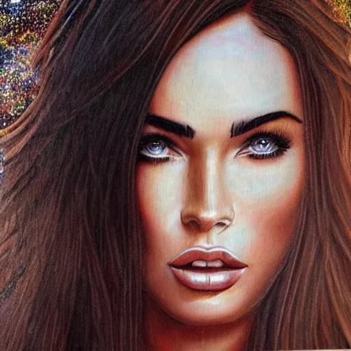 Prompt: “Megan Fox sand paintings, ultra detailed portrait, 4k resolution”