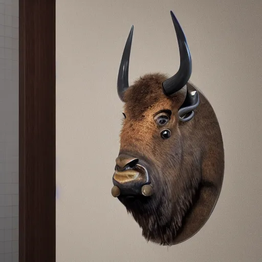 Prompt: hunting trophy bison head in oculus vr nailed to the wall,