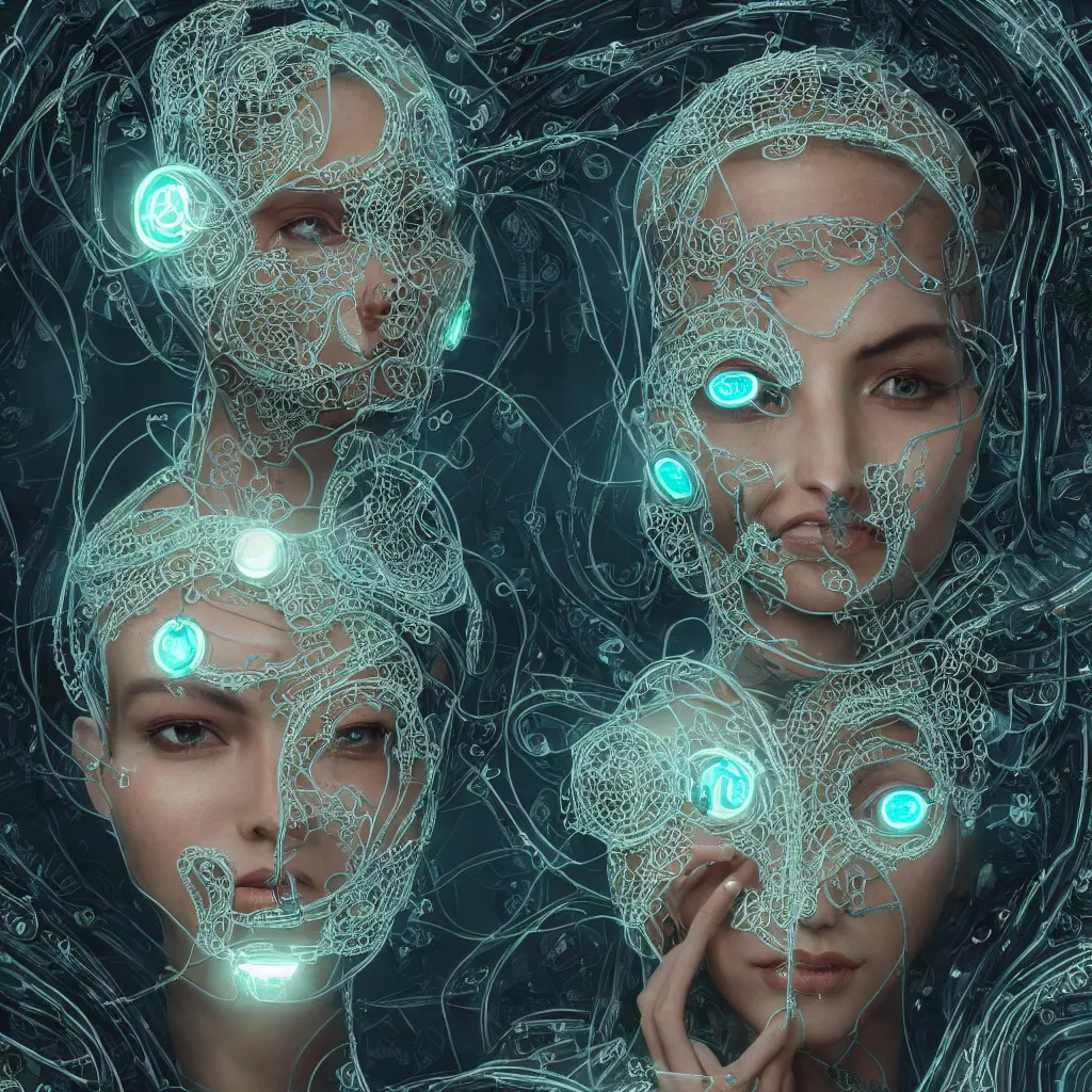 Prompt: very beautiful woman integrating with technology, full face, insipiring, detailed intricate ornate cables connected to head, big open electric eyes, luxurious detailed abundent wiring and implants, diamonds, sci-fi, neon, emeralds, detailed technology full background, highly detailed, artstation, Rene Lalique and Eddie Mendoza