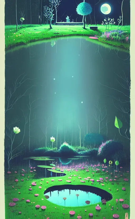 Image similar to ( ( ( gediminas pranckevicius ) ) ), a pond in the forest, moonlight, flower garden summer morning, very coherent and colorful high contrast art by simon stalenhag james gilleard floralpunk screen printing woodblock, dark shadows, pastel color, hard lighting