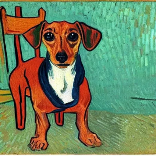 Image similar to Portrait of a dachshund on a chair, painted by Vincent Van Gogh