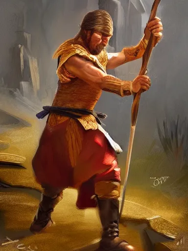 Prompt: a peasant fighting with a quarterstaff against a dozen enemies. termopilas. intricate, elegant, highly detailed, digital painting, artstation, concept art, sharp focus, illustration, by justin gerard and artgerm, 8 k