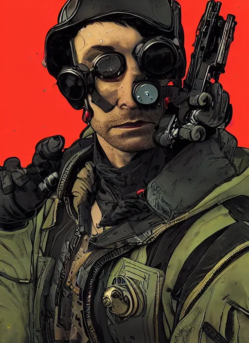 Prompt: cyberpunk hazmat bio - cleaner. portrait by ashley wood and alphonse mucha and laurie greasley and josan gonzalez and james gurney. splinter cell, apex legends, rb 6 s, hl 2, d & d, cyberpunk 2 0 7 7. realistic face. character clothing. vivid color. dystopian setting.