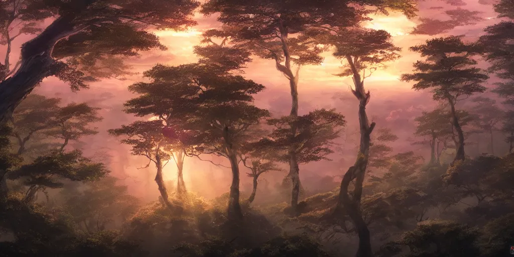 Image similar to wisp, forest, standing on a tree top, 4 k, artgerm, high detail, dramatic lighting, sunset, hayao miyazaki, masashi ando, nizou yamamoto, kazuo oga, joe hisaishi, yoji takeshige, naoya tanaka