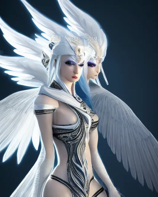 Image similar to perfect white haired egyptian goddess wearing white dove wings, warframe armor, regal, attractive, ornate, sultry, beautiful, ice queen, half asian, pretty face, blue eyes, detailed, scifi platform, 4 k, ultra realistic, epic lighting, android body, illuminated, cinematic, masterpiece, art by akihito tsukushi, voidstar