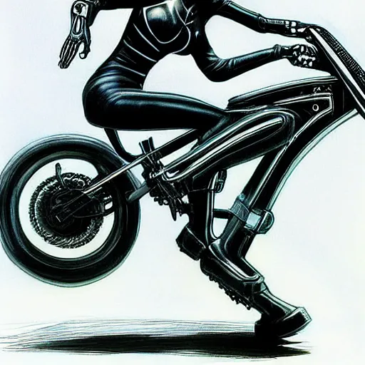 Image similar to painting of a female cop riding a futuristic motorcycle from tron by h. r. giger