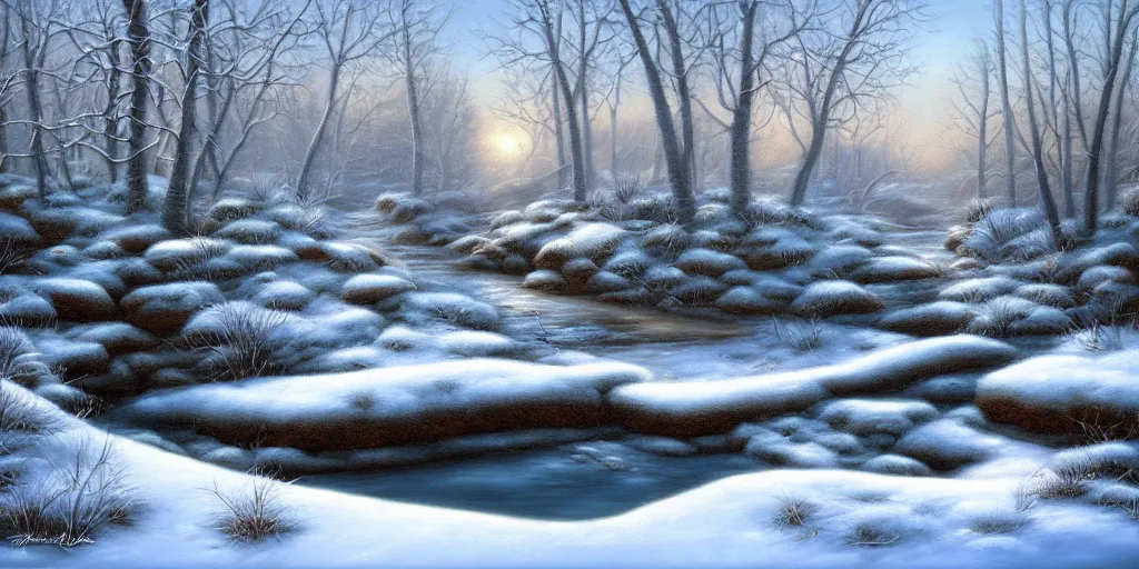 Prompt: a painting of a winter scene with a stream, an airbrush painting by terry redlin, deviantart, fantasy art, oil on canvas, airbrush art, matte painting