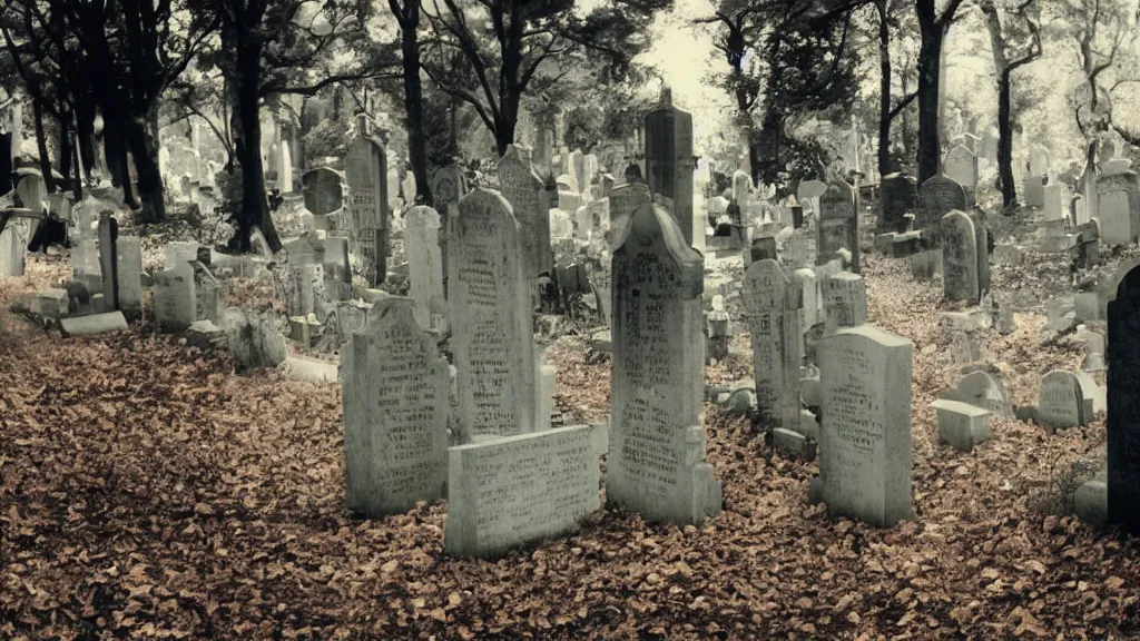 Image similar to double-exposure close up of a person in victorian dress, and a scene of a few tombstones in a forested cemetery from a Tim Burton and Wes Anderson movie, style of pinhole photography,