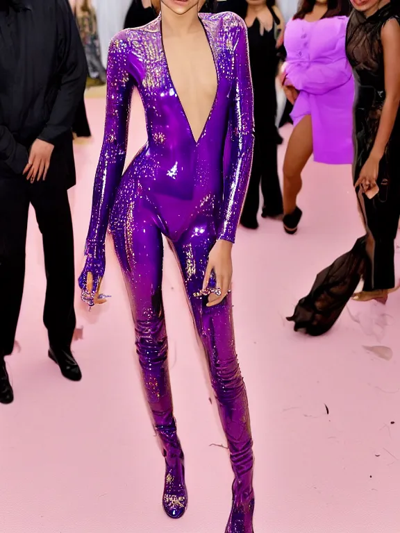 Prompt: sexy zendaya wearing very tight translucent purple and gold latex crazy outfit met gala photoshoot