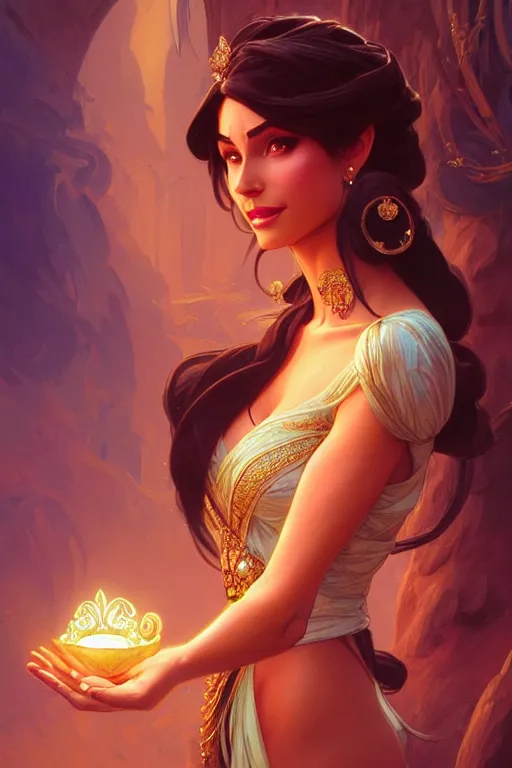 Image similar to Princess Jasmine, fantasy, intricate, elegant, highly detailed, digital painting, artstation, concept art, matte, sharp focus, illustration, art by Artgerm and Greg Rutkowski and Alphonse Mucha