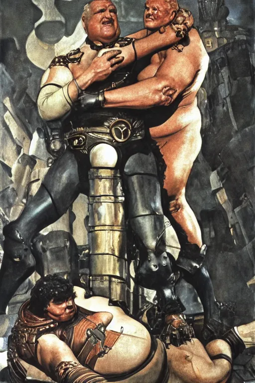 Image similar to movie still of huge hulking kenneth mcmillan as baron vladimir harkonnen wearing leather garments with muscular arms, simple background, dynamic pose, painted by jack kirby, lawrence alma tadema, norman rockwell, greg staples, wayne barlow, neville page, dune 1 9 8 2, artstation creature art, superhero