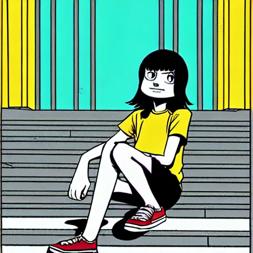 Image similar to skater girl sitting on steps by scott pilgrim, by bryan lee o'malley